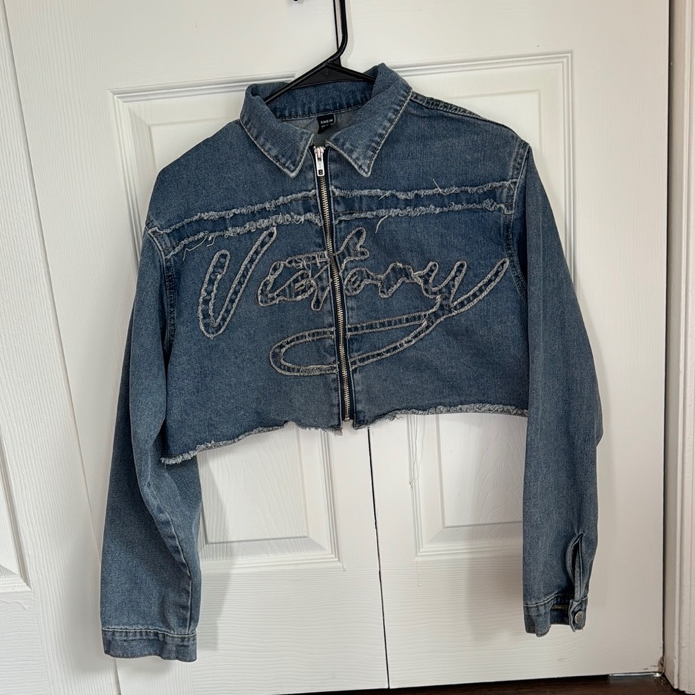 SHEIN Blue Cropped Jean Jacket with Script Detail
